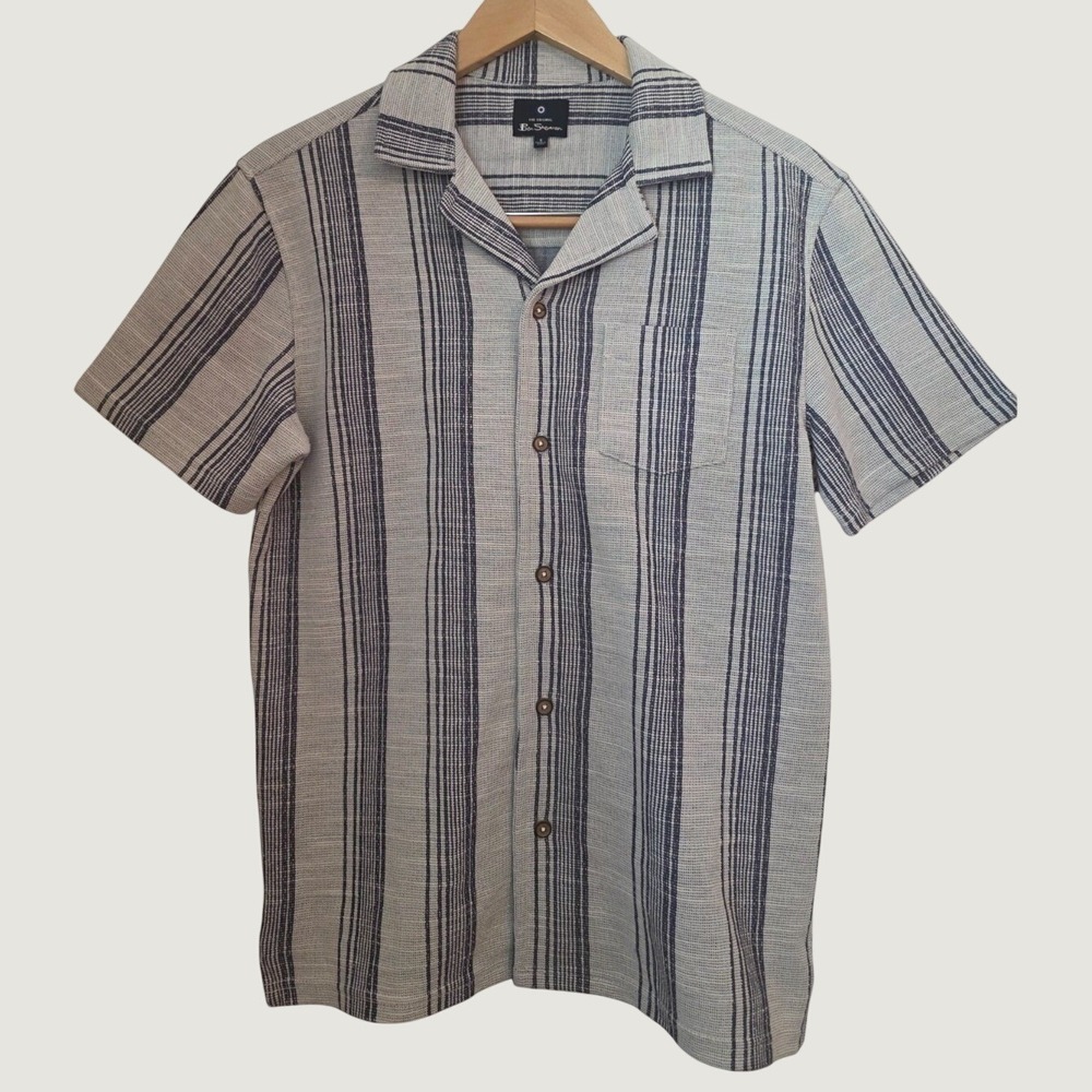 Ben Sherman Men's Shirt Camp Blue Stripe Coastal Collar Button Up Summer Small